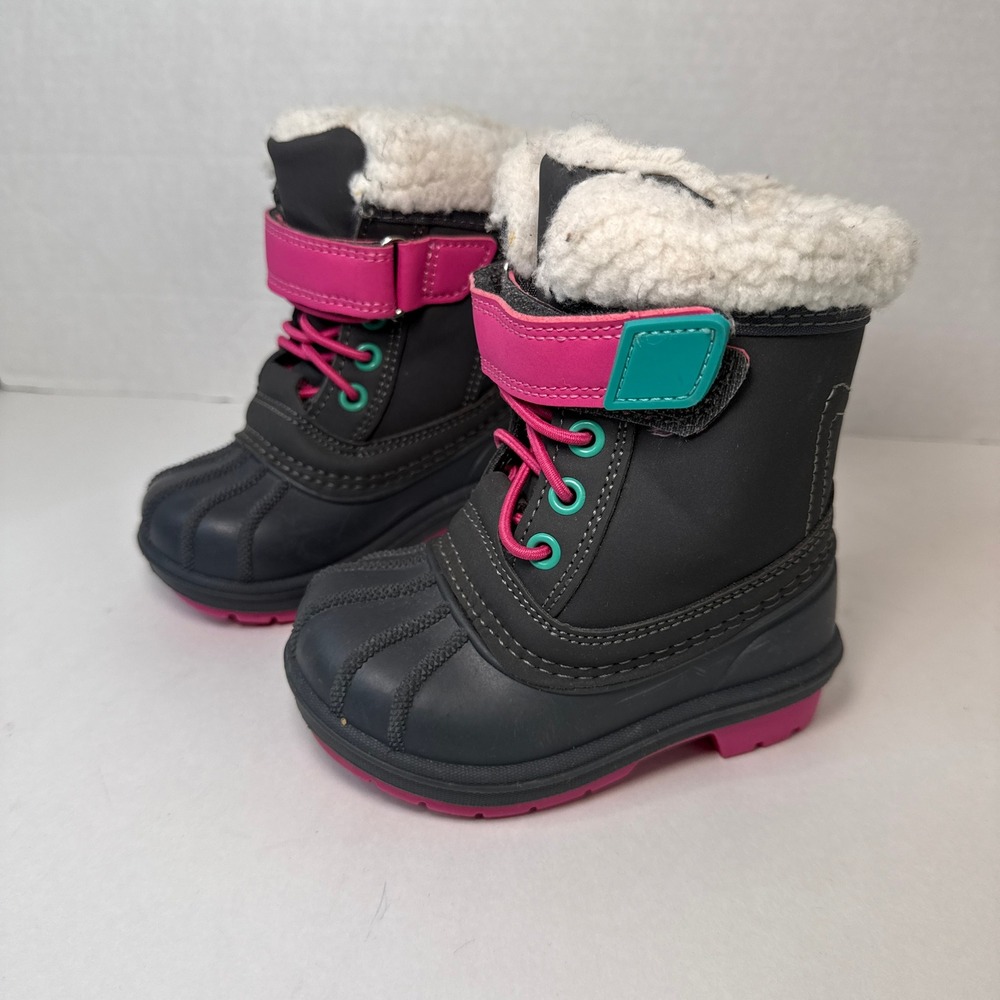 Cat & Jack Kids Gray Pink Faux Fur Lined Winter Snow Duck Boots Size 5 Toddler